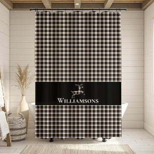 Kariertes Monogramm Hirsch Creme White Black Duschvorhang