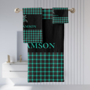 Kariertes Monogramm Hirsch   Schwarz Aquamarin grü Badhandtuch Set