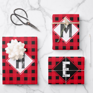 Kariertes Monogramm, in Rot und Schwarz Geschenkpapier Set