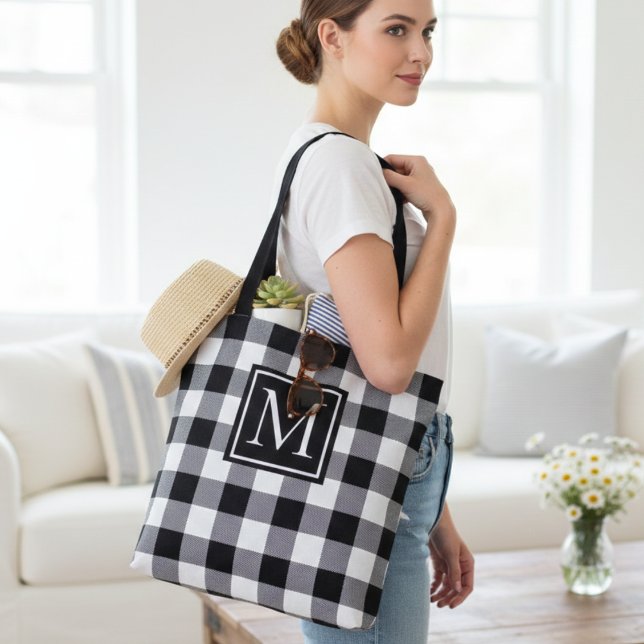 Kariertes Monogramm in Schwarzweiß-Buffalo (Black and White Buffalo Plaid Monogram Custom Tote Bag)