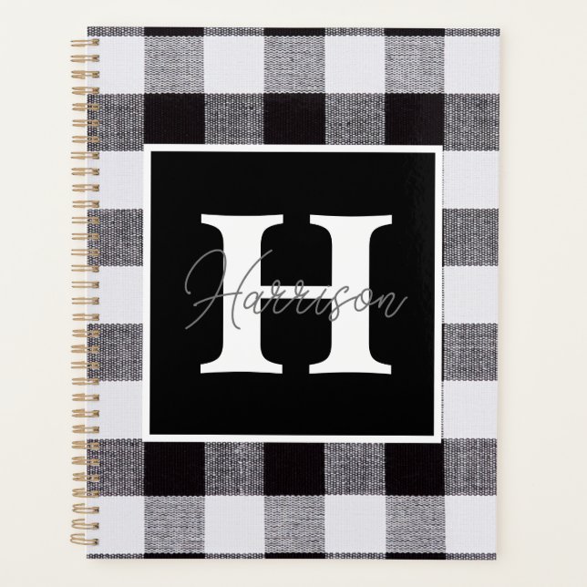 Kariertes Monogramm und Name von Gingham, Schwarz  Planer (Vorderseite)