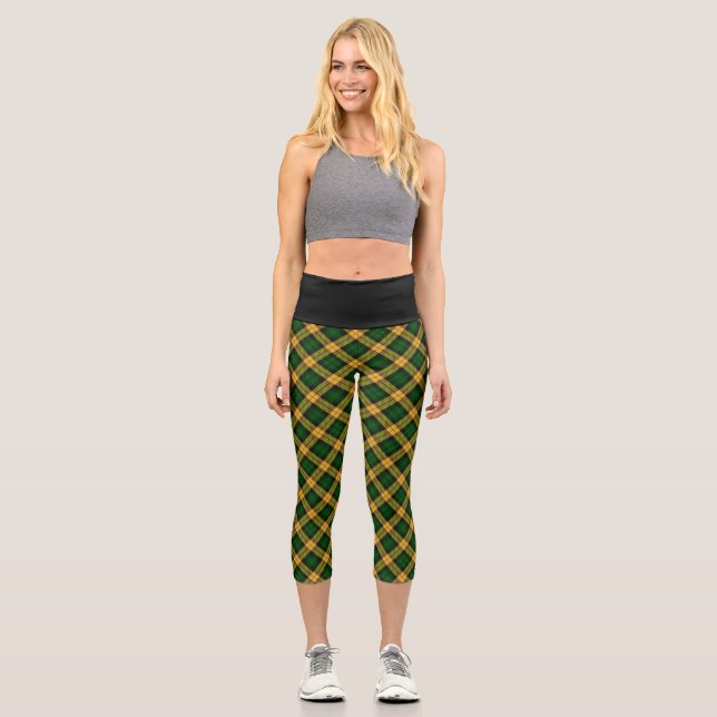 Kariertes Muster des grünen Gelbtartan-Raute Capri Leggings (Vorderseite)