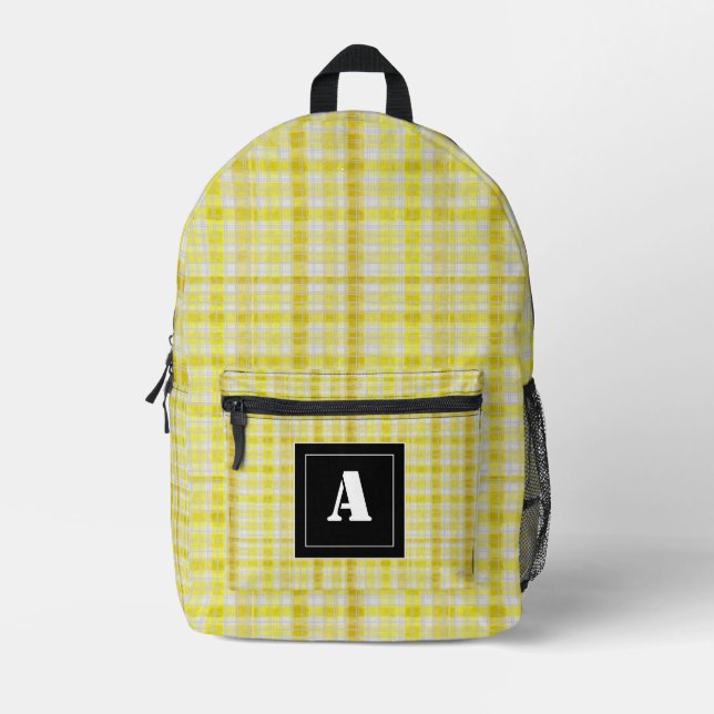 Kariertes Muster Gingham Karo Yellow White Monogra Bedruckter Rucksack (Vorderseite)