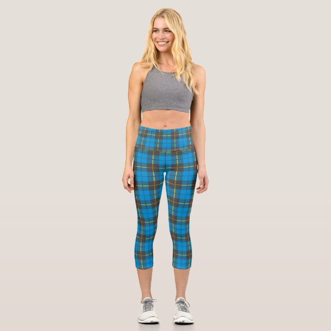 Kariertes Muster in Blau und Schwarz Capri Leggings (Vorderseite)
