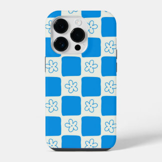 Kariertes Muster mit blauer Blume im Preppy-Stil iPhone 14 Pro Hülle