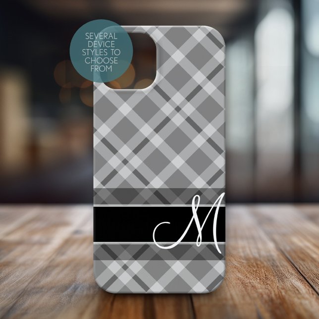 Kariertes Muster mit Monogramm - Schwarz-weiß grau Case-Mate iPhone Hülle (Personalized Phone Case with Huge Monogram)
