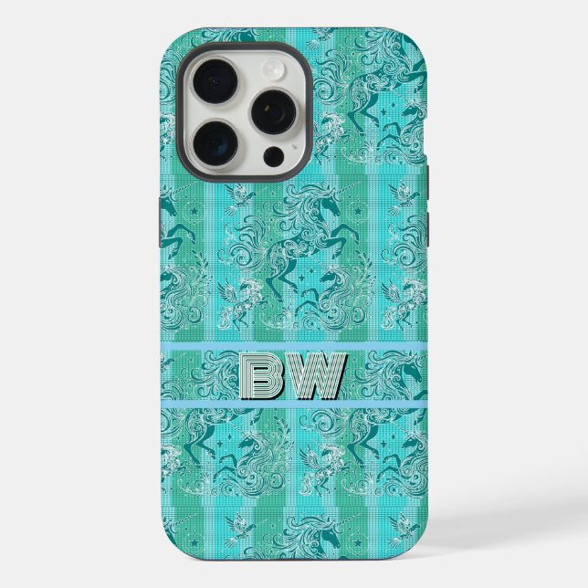 Kariertes Muster Personalisiertes Monogramm, grün  iPhone Hülle (Rückseite)