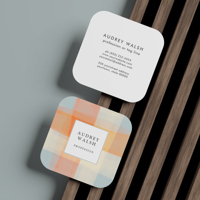 Kariertes Orangencreme Blau beruflich Quadratische Visitenkarte (Von Creator hochgeladen)