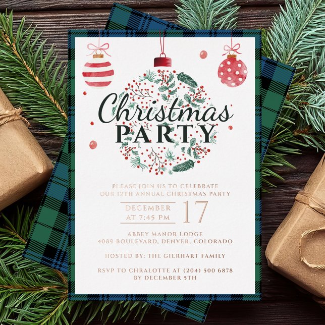 Kariertes Party Campbell Tartan Rose Gold Folieneinladung (Plaid Christmas Party Rustic Campbell Tartan Rose Gold Foil Invitation)