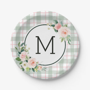 Kariertes Pastellmonogramm der Watercolor-Blüten- Pappteller