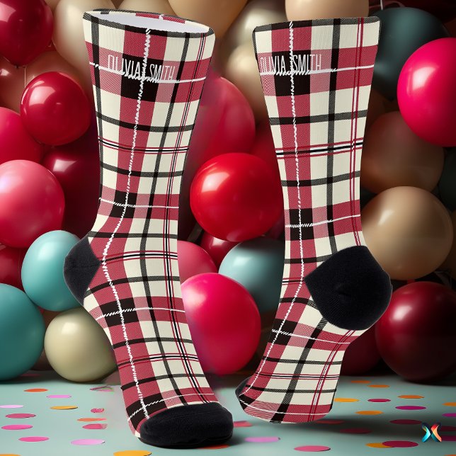Kariertes personalisiertes Rot-Weiß-Tartan Socken (Von Creator hochgeladen)