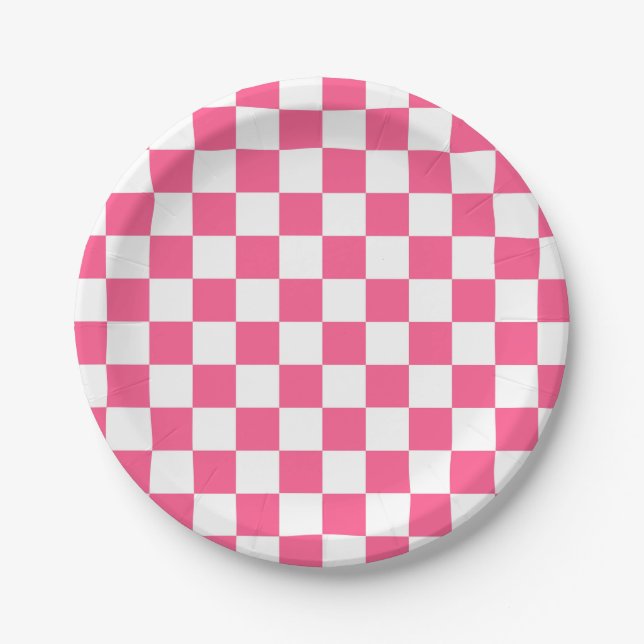 Kariertes Pink und Weiß Pappteller (Vorderseite)