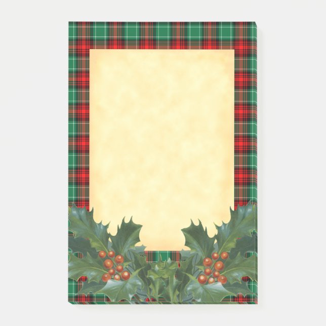 Kariertes Red Green Holiday Muster mit Holly Stick Post-it Klebezettel (Vorderseite)