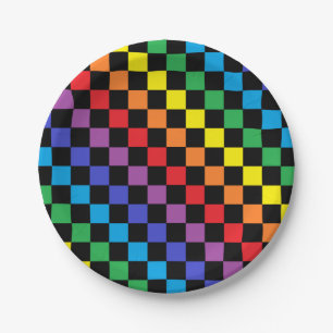 Kariertes Regenbogen-Schwarzes Pappteller