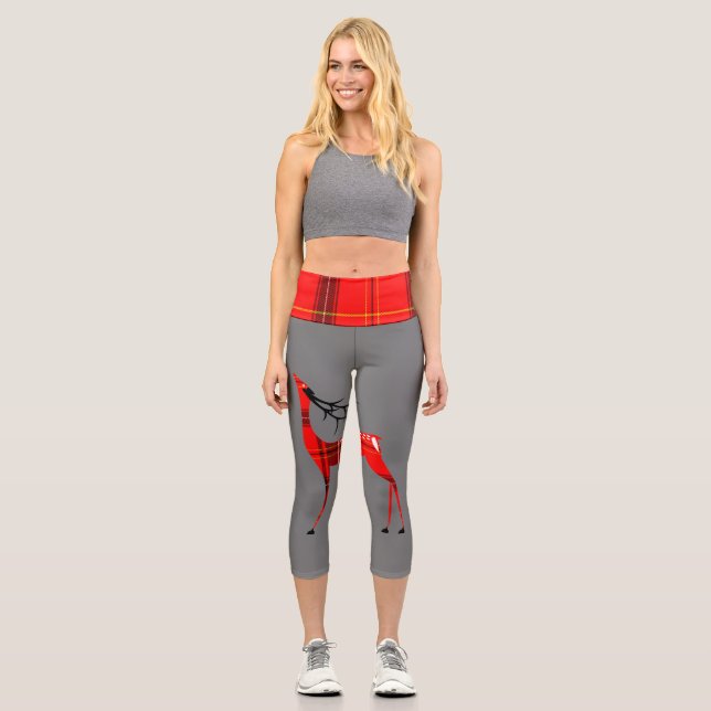 Kariertes Rentier Kariert Waist Grau Capri Leggings (Vorderseite)