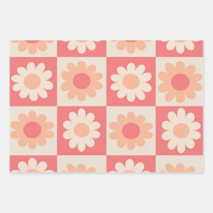 Kariertes Retro-Blumenmuster in Pfirsichflaum Geschenkpapier Set