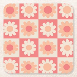 Kariertes Retro-Blumenmuster in Pfirsichflaum  Rechteckiger Pappuntersetzer