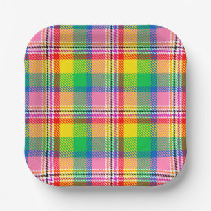 Kariertes rosa Gelbtartan-Design Pappteller