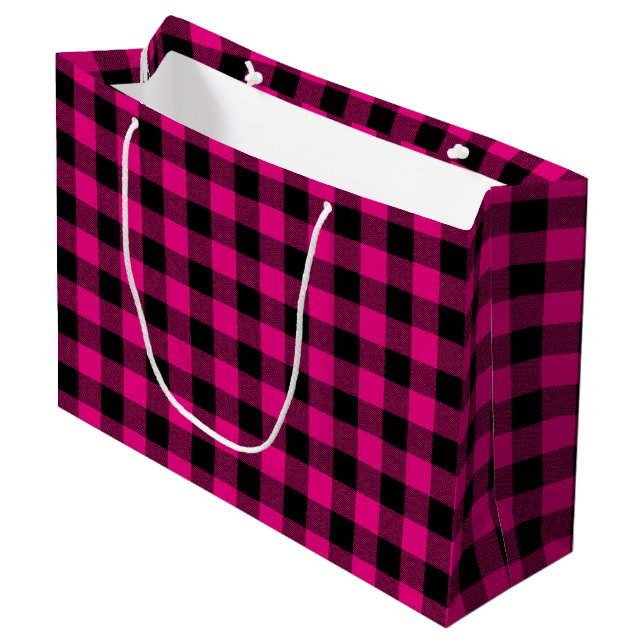 Kariertes Rosa und Schwarzes Gingham Große Geschenktüte (Vorderseite Schrägansicht)