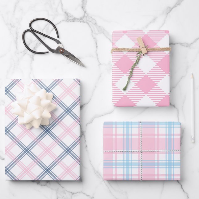 Kariertes, rosa Wrapping Paper (Flachblatt) Set 3 Geschenkpapier Set (Vorderseite)