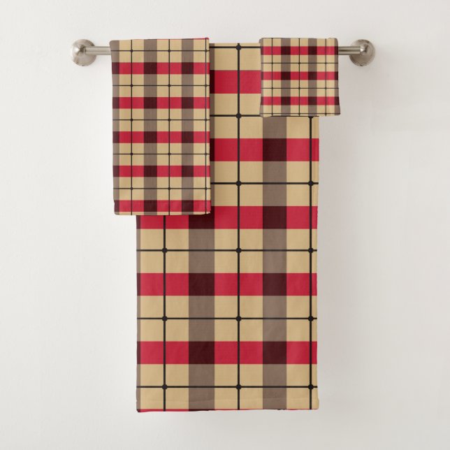Kariertes Rot-, Beige- und Grünmuster Badhandtuch Set (Insitu)