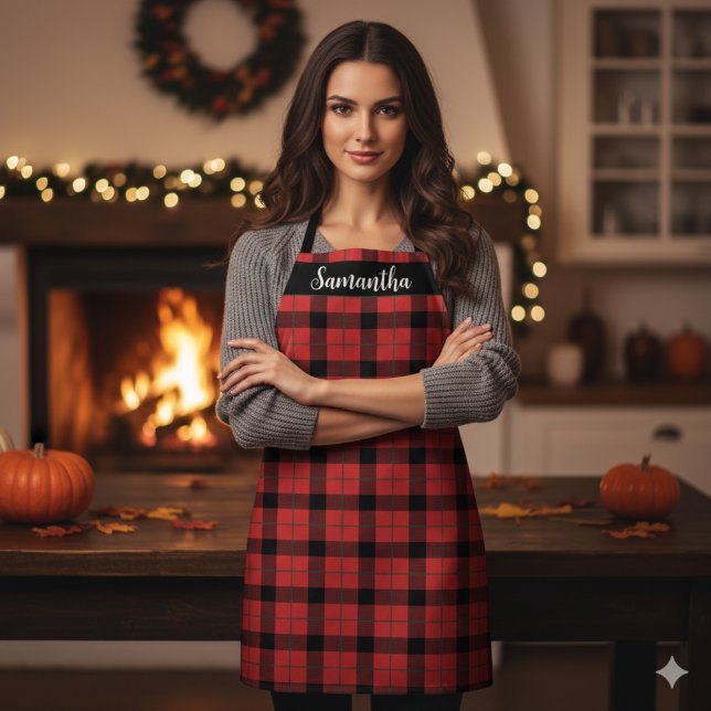 Kariertes Rot und Schwarz Buffalo Schürze (Red and Black Buffalo Plaid Custom Apron - Perfect for Christmas Baking - Just add your name!)
