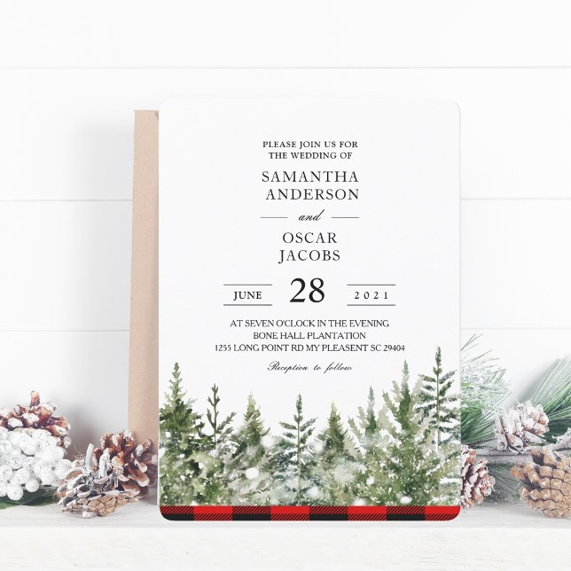 Kariertes Rotes Buffalo mit grünem Kiefernwald Einladung (Von Creator hochgeladen)