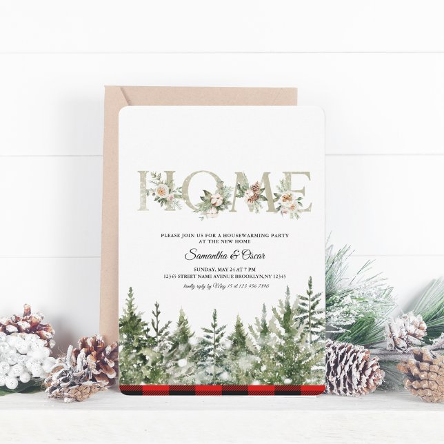 Kariertes Rotes Buffalo mit grünem Kiefernwald Save The Date (Von Creator hochgeladen)