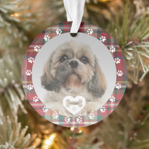 Kariertes rotes Kontroll-Shih-Tzu-Hunde-Foto-Weihn Ornament