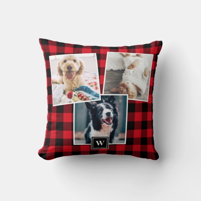 Kariertes rotes Muster 3 Collage Monogram Pillow Kissen (Vorderseite)