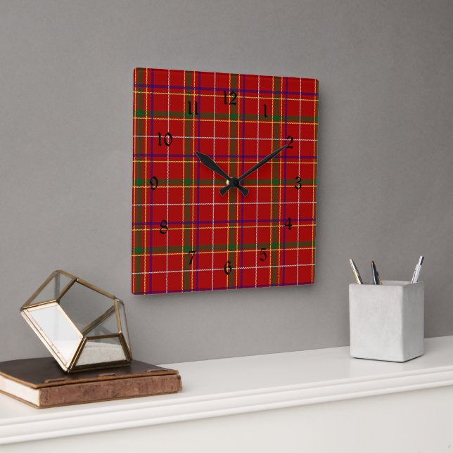 Kariertes Rotes Tartan Quadratische Wanduhr (Büro)