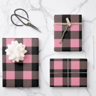 Kariertes Schwarz-Rosa-Buffalo-Muster Geschenkpapier Set