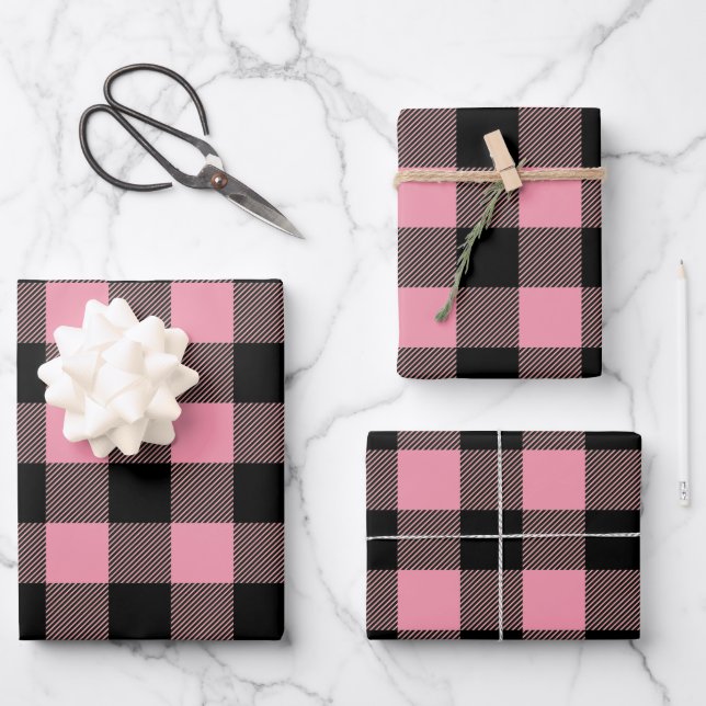 Kariertes Schwarz-Rosa-Buffalo-Muster Geschenkpapier Set (Vorderseite)