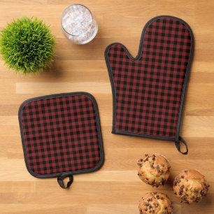 Kariertes Schwarz-Rot-Buffalo-Muster Ofenhandschuh & Topflappen-Set