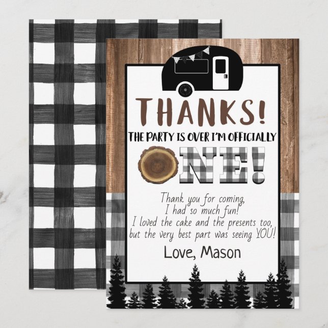 Kariertes Schwarz-Weiß One Happy Camper Vielen Dan Einladung (Vorne/Hinten)