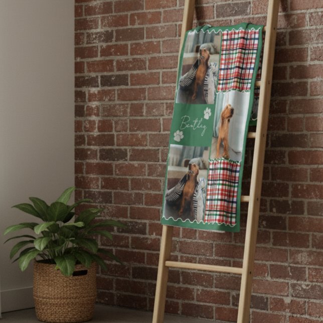 Kariertes Stripe Squiggle Vierer-Foto-Raster Fleecedecke (Cozy up with this Plaid Stripe Squiggle Pet Four Photo Grid Fleece Blanket!)