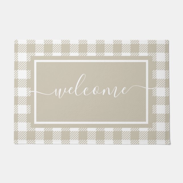 Kariertes Tan und Weißes Gingham-Muster Willkommen Fußmatte (Vorderseite)
