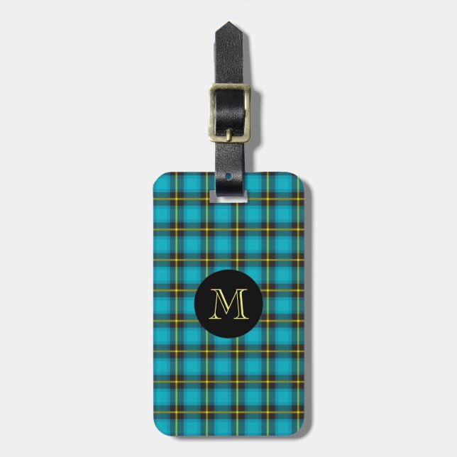 Kariertes Tartan Blue Black Yellow Monogram Trendy Gepäckanhänger (Vorderseite vertikal)