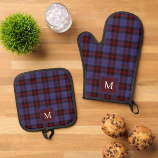 Kariertes Tartan Marineblau Rot Monogramm Ofenhandschuh & Topflappen-Set