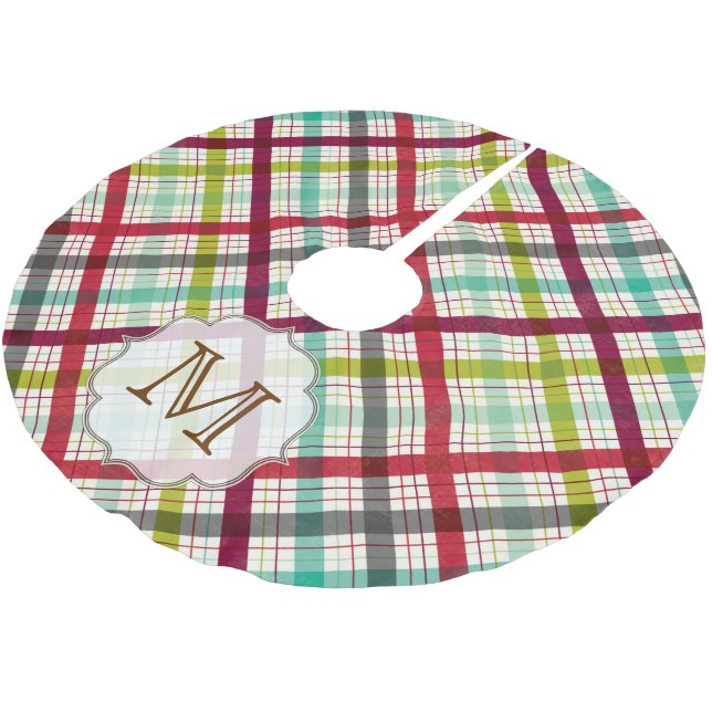 Kariertes Tartan Monogram, anfänglicher Baumrock Polyester Weihnachtsbaumdecke (Schrägansicht)