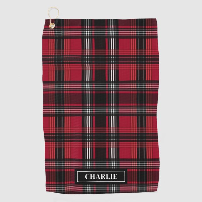 Kariertes Tartan-Muster in Rot und Schwarz und Ind Golfhandtuch (Vorderseite)