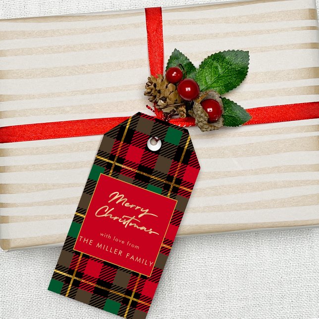 Kariertes Tartan Rotes Grün Geschenkanhänger (Red Green Tartan Plaid Minimal Elegant Gift Tags)