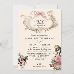 Kariertes Teal-Blush-Alice-im-Wunderland-Hochzeit Einladung