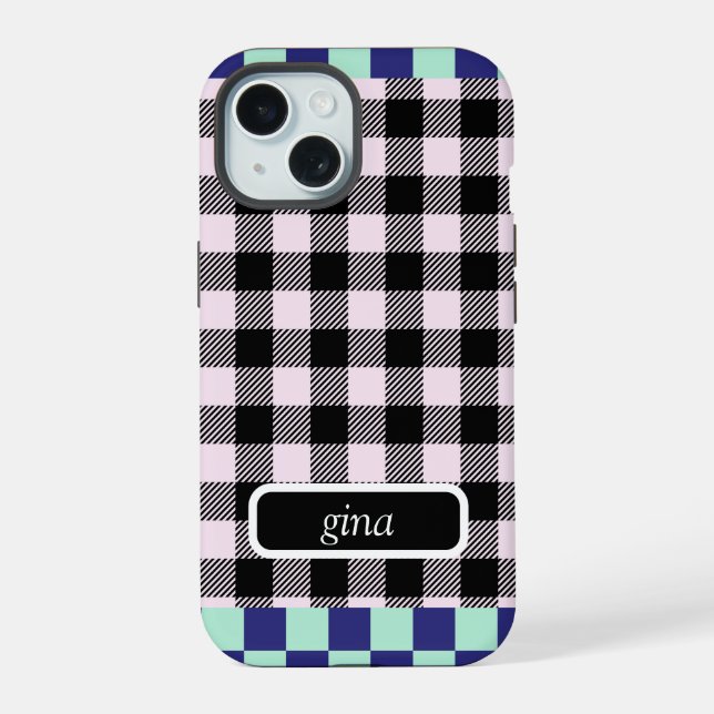 Kariertes Vichy-Personalized iPhone 15 Hülle (Rückseite)
