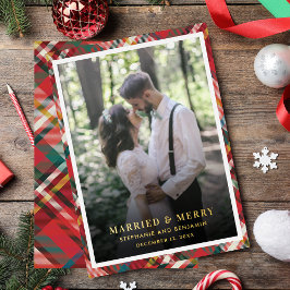 Kariertes Weihnachts-Foto Verheiratet und Merry Go Folien Feiertagskarte