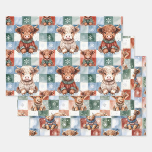 Kariertes Weihnachts Highland-Rind Rot Grün Blau Geschenkpapier Set