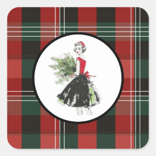Kariertes Weihnachts-Sticker Quadratischer Aufkleber