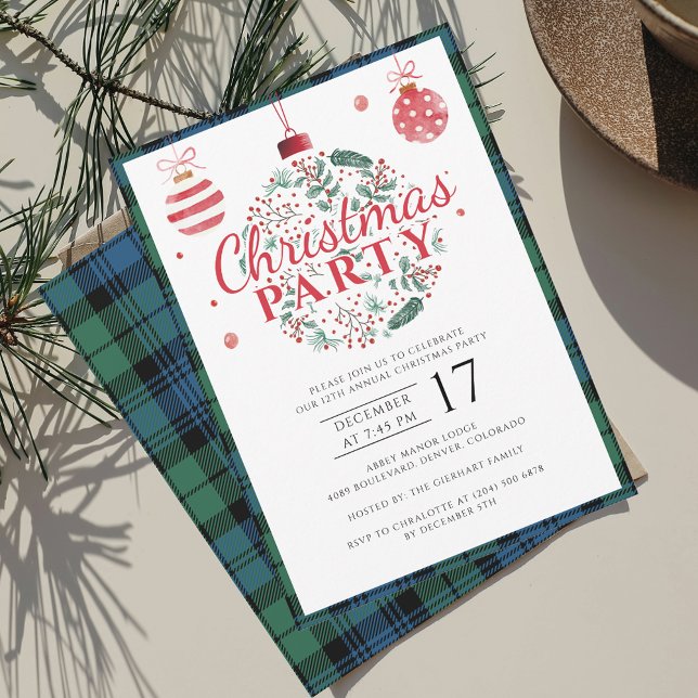 Kariertes Weihnachtsfest Party Campbell Tartan Einladung (Plaid Rustic Christmas Party Tartan and Baubles Invitation)
