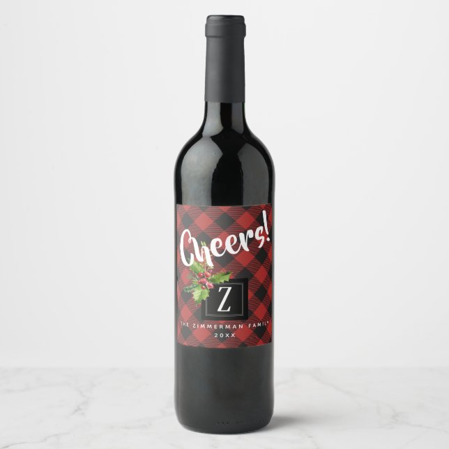 Kariertes Weihnachtsmongramm in Rot und Schwarz Bu Weinetikett (Vorderseite)