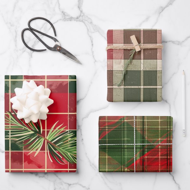 Kariertes Weihnachtsmuster Geschenkpapier Set (Vorderseite)